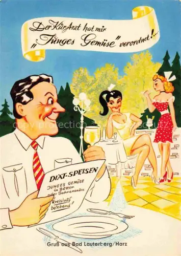 AK / Ansichtskarte Bad Lauterberg Osterode Harz Niedersachsen Scherzkarte Karikatur Kurgast Diaetspeisen Junges-Gemuese Frauen Kurort Humor