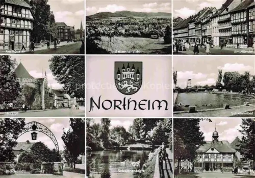 AK / Ansichtskarte Northeim Niedersachsen Am-Muenster Harztor Schwimmbad Bleichewall Schwanenteich Markt Fachwerkhaus Teich Wappen