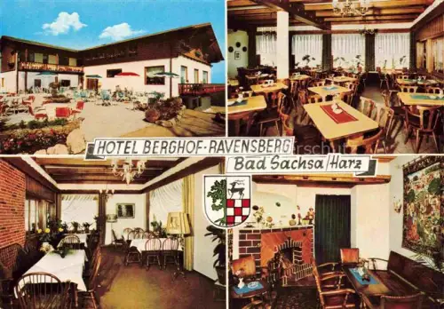 AK / Ansichtskarte Bad Sachsa Osterode Harz Niedersachsen Hotel-Berghof-Ravensberg Ravensberg Hotelterrasse Restaurant Salon Kaminzimmer Harz Wintersport Wappen