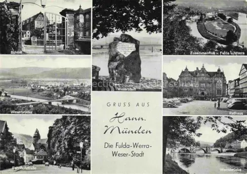 AK / Ansichtskarte Hann. Muenden Schloss Weserstein Weserbruecke Rathaus Bahnhofstrasse Werrabruecke Zusammenfluss Mehrbildkarte