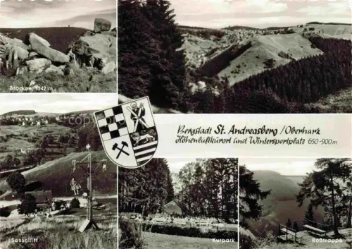 AK / Ansichtskarte St Andreasberg Harz Niedersachsen Brocken Sessellift Kurpark Rosstrappe Oberharz Berglandschaft Wald Wappen