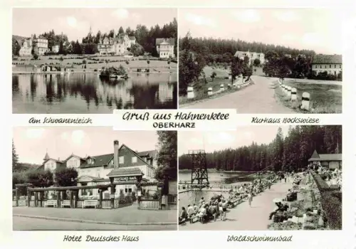 AK / Ansichtskarte Auerhahn Goslar Hahnenklee-Bockswiese Harz Niedersachsen Schwanenteich Kurhaus-Bockswiese Hotel-Deutsches-Haus Waldschwimmbad Oberharz See Wald