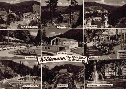 AK / Ansichtskarte Wildemann Harz Goslar Niedersachsen Kurpark Kurhaus Schwimmbad Spiegetal Kirche Oberharz Leuchtfontaene Ortschaft Wald