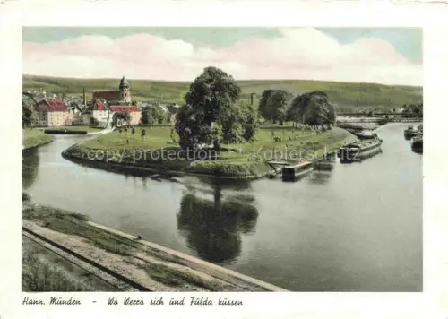 AK / Ansichtskarte Hannoversch Muenden Hann Muenden Goettingen Werra Fulda Flussdreieck Schiff Kirche Flusslandschaft Eisenbahn Wiese