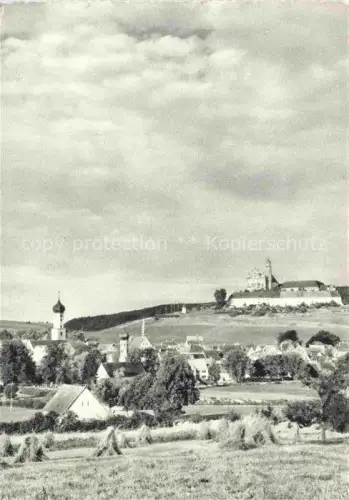 AK / Ansichtskarte Neresheim Kloster Kirchturm Zwiebelturm Ortschaft Huegel Felder Getreidehaufen