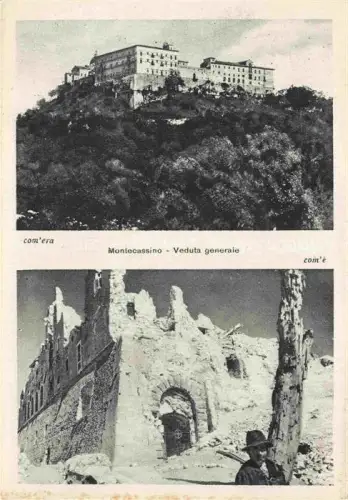 AK / Ansichtskarte Montecassino Monte Cassino Lazio IT Abbazia-di-Montecassino Benediktinerabtei Ruinen Kriegszerstoerung WWII Vorher-Nachher Huegel Wiederaufbau