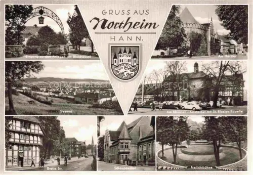 AK / Ansichtskarte Northeim Niedersachsen Bleichewall Harztor Muenster-Klostergut St-Blasien-Kapelle Breite-Strasse Schaupenstiel Freilichtbuehne Wappen Gesamtansicht