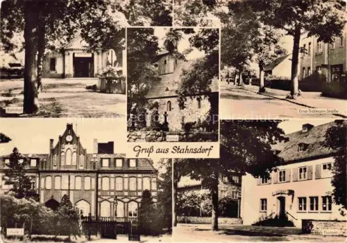 AK / Ansichtskarte Stahnsdorf Potsdam-Mittelmark Brandenburg Bahnhof Ernst-Thaelmann-Strasse Kirche Schule Postamt Strassenszene