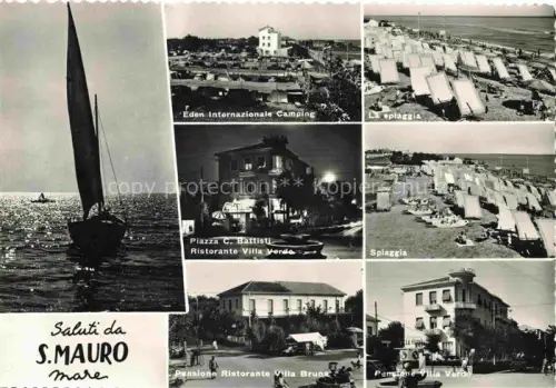 AK / Ansichtskarte San Mauro Mare RIMINI IT Strand Spiaggia Segelboot Eden-Internazionale-Camping Piazza-C.-Battisti Ristorante-Villa-Verde Pensione-Villa-Bruna Pensione-Villa-Verde