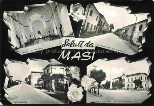 AK / Ansichtskarte Masi Padua Padova IT Via-G.-Mazzini Chiesa-Parrocchiale Trattoria-Risabello Scuole-Elementari Monumento-ai-Caduti Kircheninneres Strassenszene Rosen