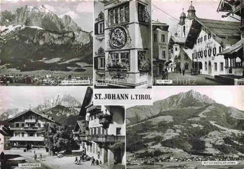 AK / Ansichtskarte St Johann Tirol AT Wilder-Kaiser Kitzbuehler-Horn Hauptplatz Erker Gasthof Panorama Alpen Ortszentrum