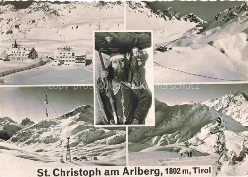 AK / Ansichtskarte Sankt Christof Arlberg Sankt Christoph Tirol AT Arlberg Wintersport Seilbahn Schnee Christophorus-Statue Gasthof-Edelweiss Skigebiet Berggipfel