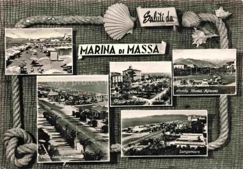 AK / Ansichtskarte Marina di Massa Toscana IT Spiaggia Viale-Lungomare Giardini-e-Albergo-Tirreno Giardini-Pubblici Monti-Apuani Strand Palmen Muscheln