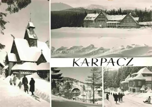AK / Ansichtskarte Karpacz Krummhuebel Riesengebirge PL ?wi?tynia-Wang Hotel-Orlinek Schnee Winter Holzkirche Bergdorf Passanten Schlitten
