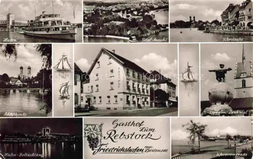 AK / Ansichtskarte FRIEDRICHSHAFEN Bodensee BW Gasthof-zum-Rebstock Hafen Faehre Schlosskirche Zeppelin-Denkmal Uferpromenade Bodensee Hafen-Beleuchtung
