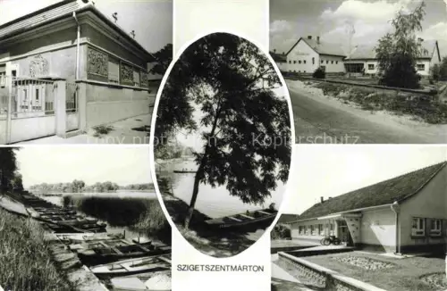 AK / Ansichtskarte Szigetszentmarton HU Fluss Boote Bootssteg Gemeindegebaeude Strasse Wohnhaus Fahrrad