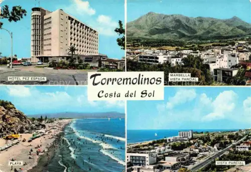 AK / Ansichtskarte Torremolinos ES Hotel-Pez-Espada Playa Strand Costa-del-Sol Marbella Kueste Berge Hochhaus