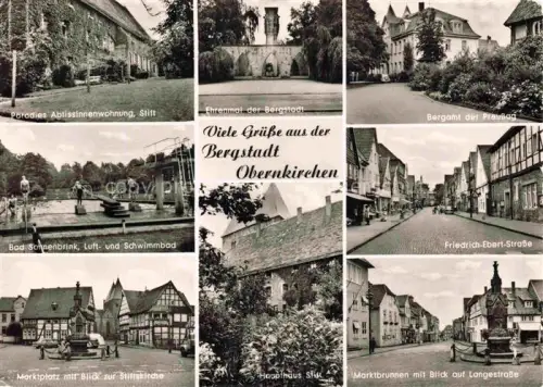 AK / Ansichtskarte Obernkirchen Schaumburg Niedersachsen Stift Ehrenmal Bergamt-Preussag Bad-Sonnenbrink Friedrich-Ebert-Strasse Marktbrunnen Langestrasse Stiftskirche