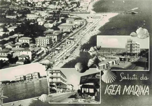 AK / Ansichtskarte Igea Marina Bellaria RIMINI IT Strandpromenade Adria Badestraende Luftaufnahme Strand-Kabinen Hotels Pier Muscheln