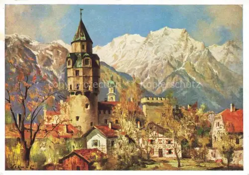 AK / Ansichtskarte Hall Tirol AT Muenzerturm Turm Stadtturm Altstadt Berge Alpen Gemaelde Franz-Schwetz