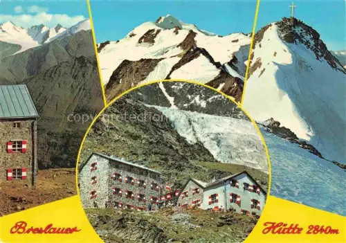 AK / Ansichtskarte Breslauerhuette Breslauerhaus 2840m Tirol AT Breslauer-Huette Wildspitze Gletscher Berghaus Gipfelkreuz oetztal