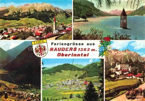 AK / Ansichtskarte Nauders Tirol AT Oberinntal Reschensee Kirchturm Dreilaenderecke Dorf Gondel Burg Berge