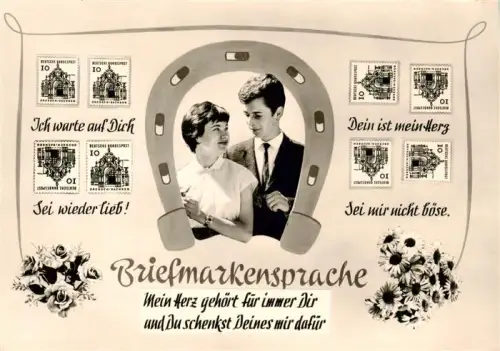 AK / Ansichtskarte BriefmarkenSPRACHE auf Ak Language des Timbres-- Briefmarkensprache Liebespaar Hufeisen Rosen Bundespost Dresden Sachsen