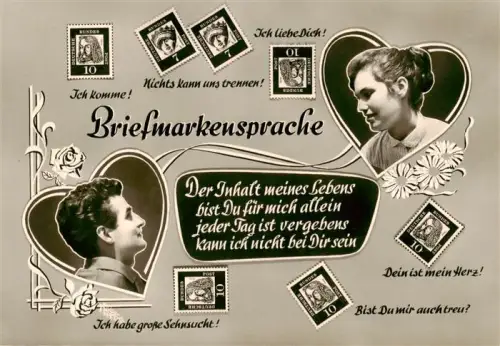 AK / Ansichtskarte BriefmarkenSPRACHE auf Ak Language des Timbres-- Briefmarkensprache Liebespaar Herzen Rosen Bundespost Gedicht Fernweh