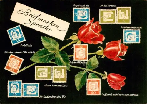 AK / Ansichtskarte BriefmarkenSPRACHE auf Ak Language des Timbres-- Briefmarkensprache Deutsche-Bundespost-Briefmarken Rosen Liebesbotschaft Farbkarte