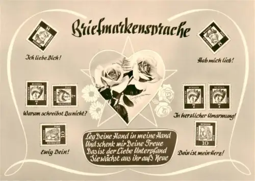 AK / Ansichtskarte BriefmarkenSPRACHE auf Ak Language des Timbres-- Briefmarkensprache Deutsche-Bundespost-Briefmarken Rosen Herz Liebesgedicht