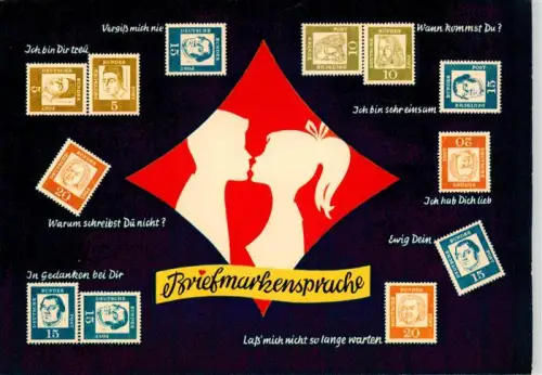 AK / Ansichtskarte BriefmarkenSPRACHE auf Ak Language des Timbres-- Briefmarkensprache Deutsche-Bundespost-Briefmarken Kusspaar-Silhouette Liebesbotschaft Farbkarte