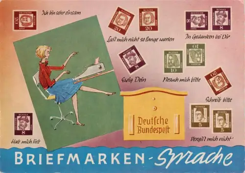 AK / Ansichtskarte BriefmarkenSPRACHE auf Ak Language des Timbres-- Briefmarkensprache Deutsche-Bundespost-Briefmarken Frau Schreibmaschine Briefkasten Illustration