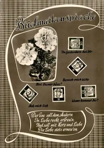 AK / Ansichtskarte BriefmarkenSPRACHE auf Ak Language des Timbres-- Briefmarkensprache Deutsche-Bundespost-Briefmarken Nelken Liebesgedicht Handschrift