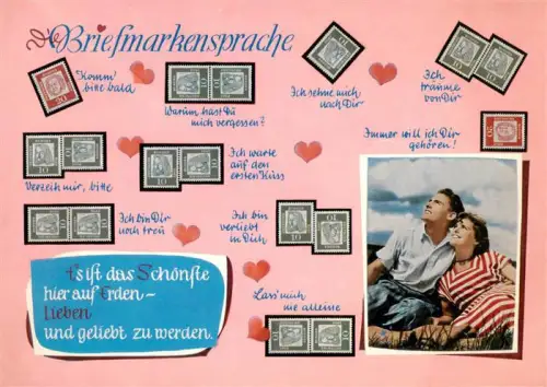AK / Ansichtskarte BriefmarkenSPRACHE auf Ak Language des Timbres-- Briefmarkensprache Deutsche-Briefmarken Paar Herzen Liebesbotschaft Farbkarte