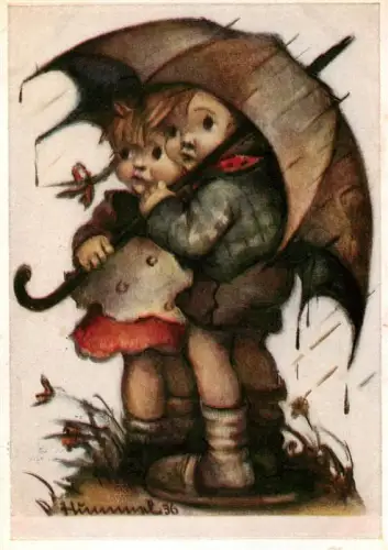 AK / Ansichtskarte HUMMEL F. Kuenstlerkarte Nr. Hummel-Kuenstlerkarte Kinder Regenschirm Regen Umarmung Kindermotiv