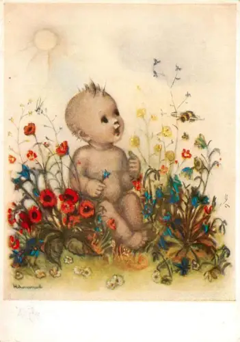 AK / Ansichtskarte HUMMEL F. Kuenstlerkarte Nr. Hummel-Kuenstlerkarte Baby Blumenwiese Mohn Kornblumen Biene Schmetterling
