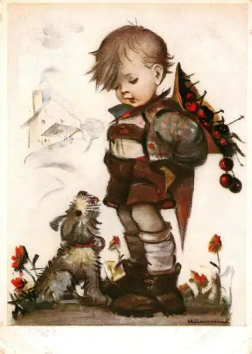 AK / Ansichtskarte HUMMEL F. Kuenstlerkarte Nr. Hummel-Kuenstlerkarte Junge Hund Kirschen Herbst Blumen Kindermotiv
