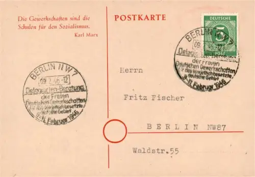 AK / Ansichtskarte BERLIN  CITY FDGB Gewerkschaft Delegierten-Konferenz Sowjetzone Sozialismus Karl-Marx Sonderstempel