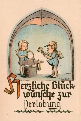 AK / Ansichtskarte BERLIN  CITY Verlobung Engel Amboss Ring Schmied Glueckwunsch Illustration Gotischer-Bogen