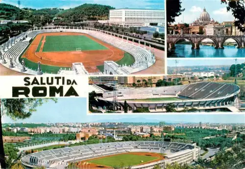 AK / Ansichtskarte ROMA  Rom Lazio IT Saluti-da-Roma Stadion Olympiastadion Petersdom Tiber Engelsbruecke Vatikan-Briefmarke