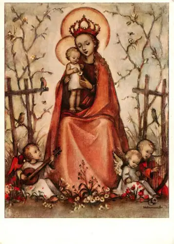 AK / Ansichtskarte MueNCHEN  Bayern Madonna Maria Jesuskind Engel Krone Voegel Kreuze Maienkoenigen B-Hummel religioese-Darstellung