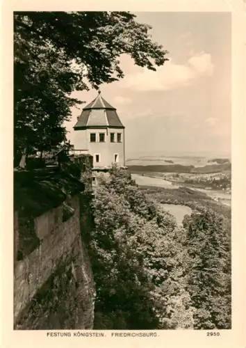 AK / Ansichtskarte Koenigstein Saechsische Schweiz Sachsen Festung-Koenigstein Friedrichsburg Turm Festungsmauer Elbe Wald Tal S/W-Fotokarte