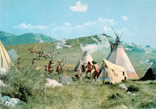 AK / Ansichtskarte Foto Constantin-Film Nr. Karl-May Winnetou Schatz-im-Silbersee Utah-Indianer Tipi Reiter ueberfall Wildwest