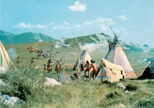 AK / Ansichtskarte Foto Constantin-Film Nr. Karl-May Winnetou Schatz-im-Silbersee Utah-Indianer Tipi Reiter ueberfall Wildwest