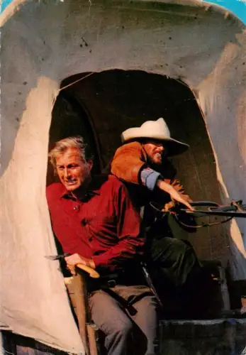 AK / Ansichtskarte Winnetou  May Karl Lex-Barker Planwagen Cowboy Messer Old-Shatterhand Kiowa-Indianer Filmszene Schauspieler