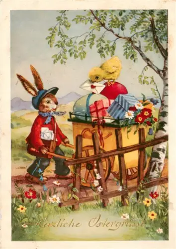 AK / Ansichtskarte DARMSTADT Hessen Ostergruesse Osterhase Kueken Schubkarre Ostereier Blumen Fruehling Zeichnung