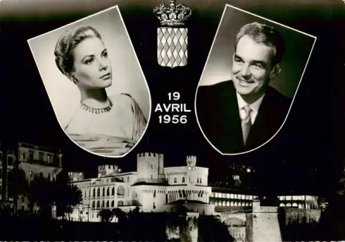 AK / Ansichtskarte MONACO Grace-Kelly Rainier-III Hochzeit Koenigspaar Fuerstenpalast Fuerstenhaus Monaco-Wappen Fotokarte