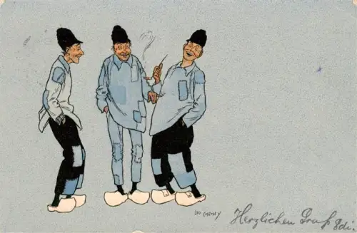 AK / Ansichtskarte SCHEVENINGEN Zuid-Holland NL Hollaender Holzschuhe Tracht Karikatur Illustration Zigarre Humor Leo-Cherney