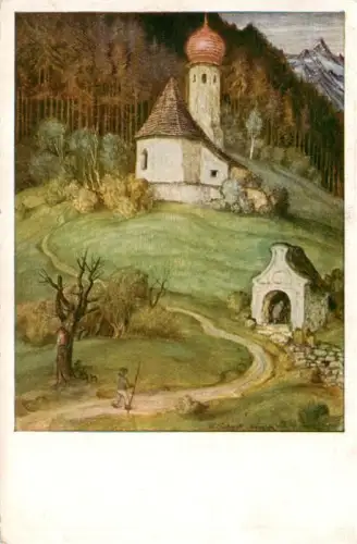 AK / Ansichtskarte Gora Swietej Anny St Annaberg Oberschlesien PL Zwiebelturm-Kirche Wegkapelle Wanderer Berglandschaft Nadelwald Gemaelde