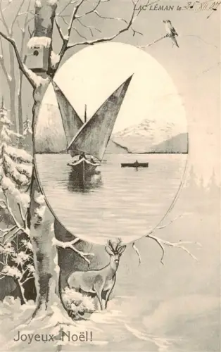 AK / Ansichtskarte Lac Leman Genfersee GE Segelboot Berge Winterlandschaft Hirsch Schnee Vogel Weihnachten